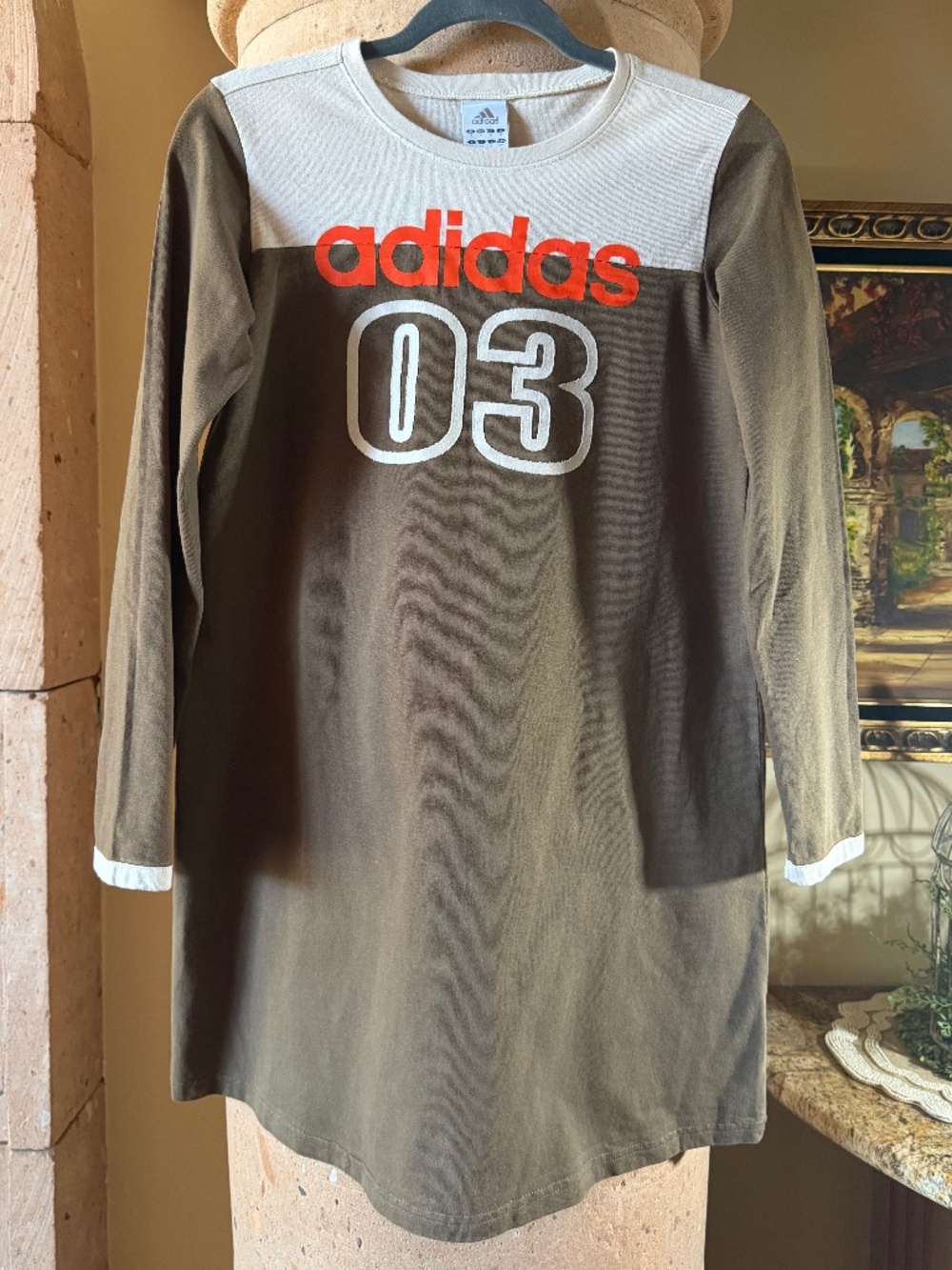 Adidas Vintage Brown & Cream Long Sleeve Tshirt Dress Size Small
